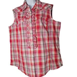 Wrangler Womens Sleeveless Plaid Ruffle Pearl Snap Front Western Shirt XL Rodeo